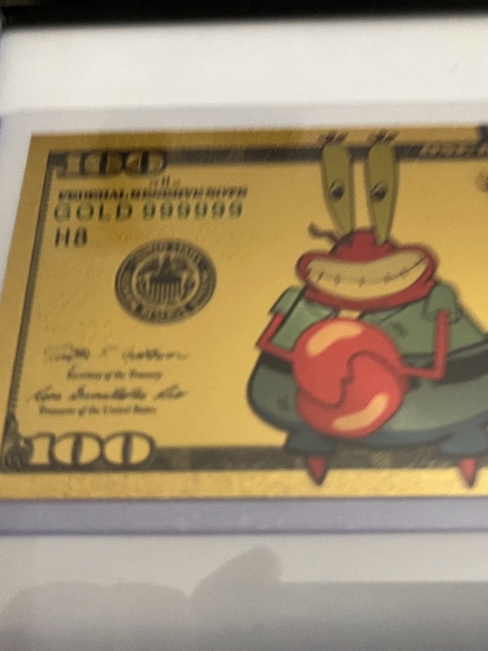 Gold Novelty $100 Bill with Cartoon Crab
